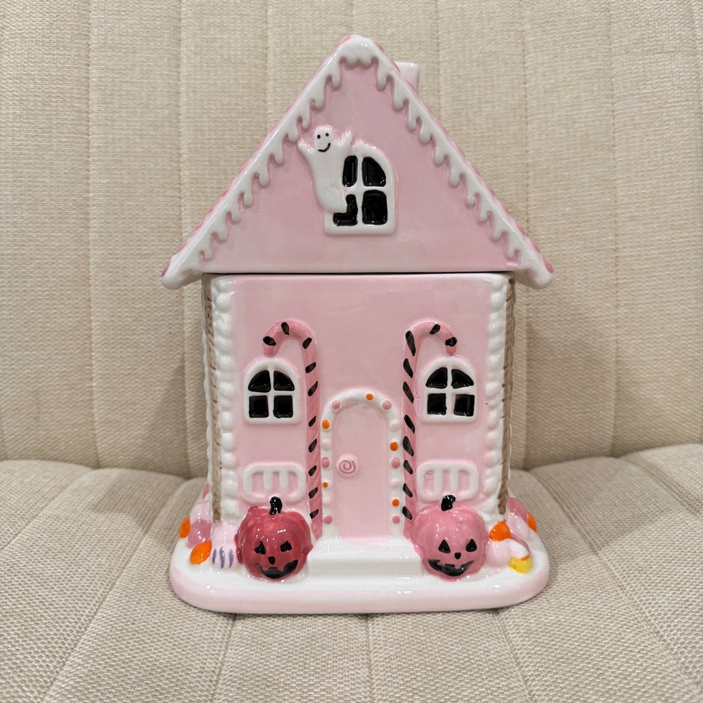 NEW Haunted Gingerbread House Halloween Pink Large Cookie Jar Decor